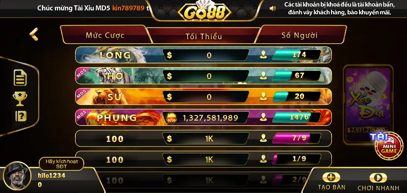 Các thể loại game Xóc đĩa có mặt tại nhà game đổi thưởng Go88 online