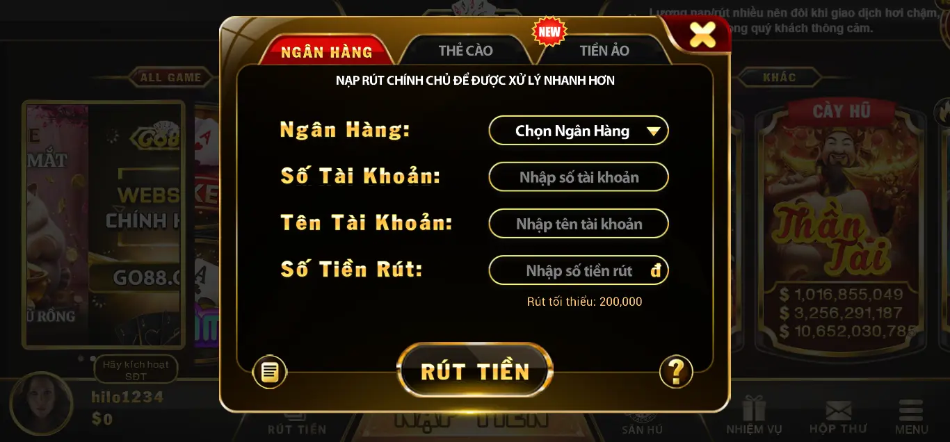 Hướng dẫn cách rút tiền từ tài khoản thành viên Go88 nhanh nhất