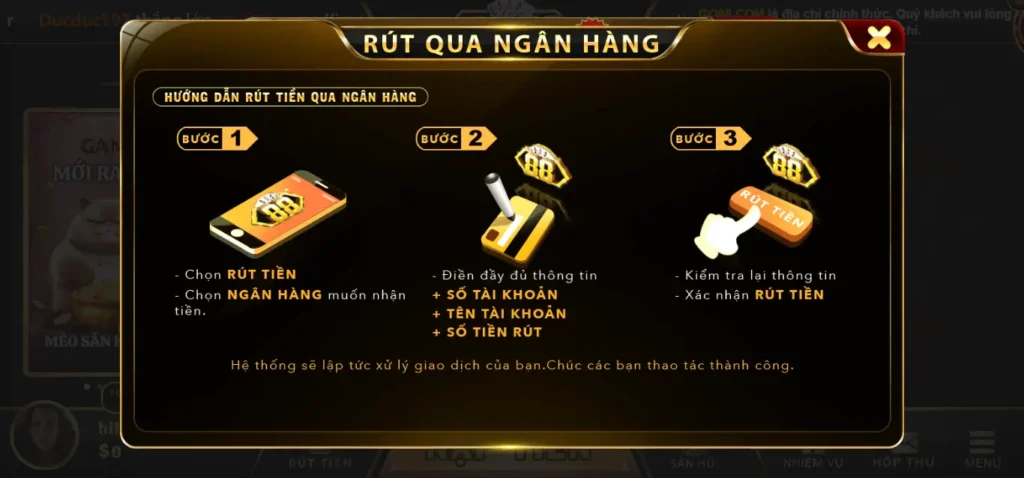 Hướng dẫn cách rút tiền từ tài khoản thành viên Go88 nhanh nhất